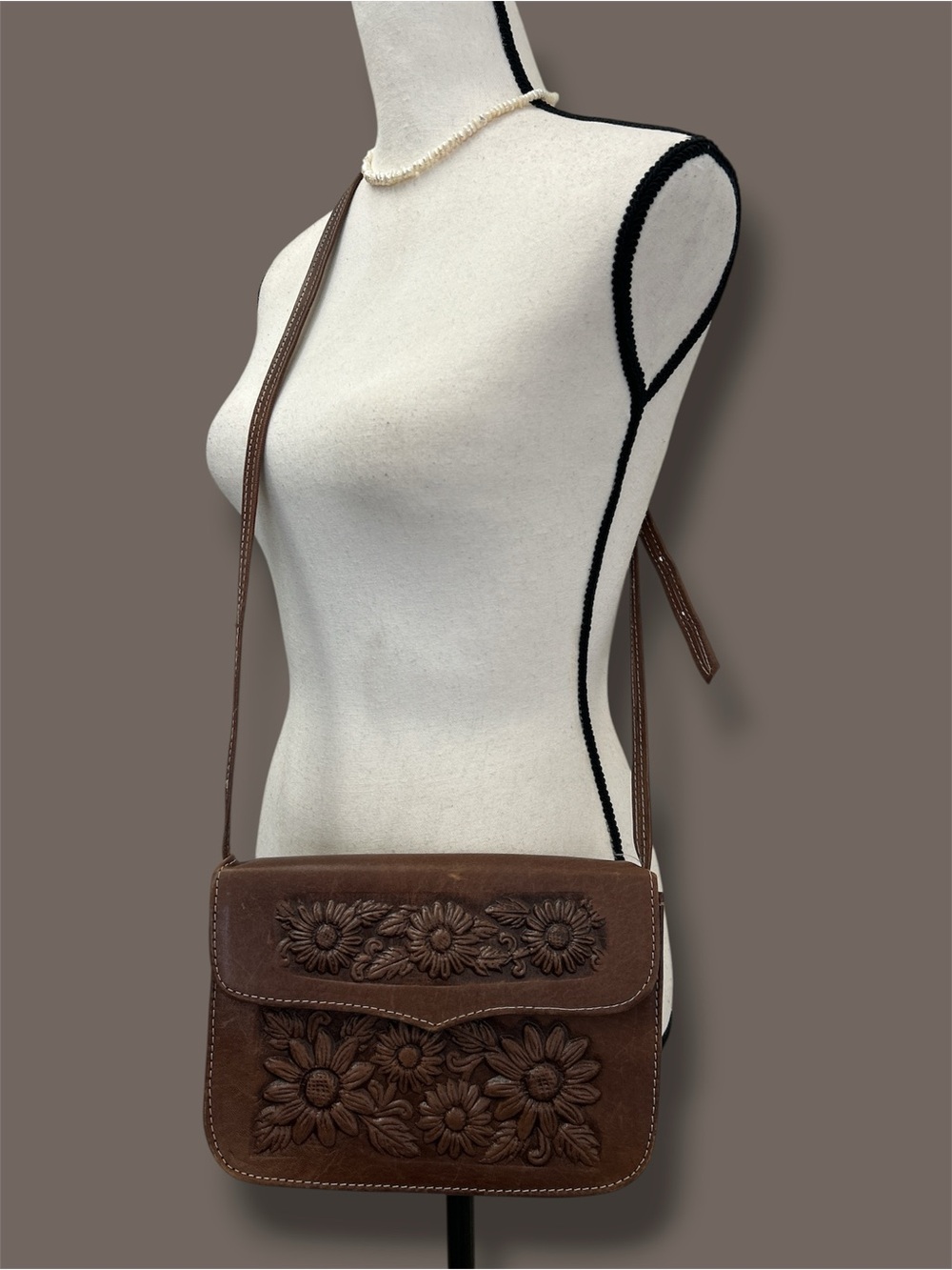 Artisanal Hand-Tooled Brown Leather Shoulder Bag Embossed Sunflowers